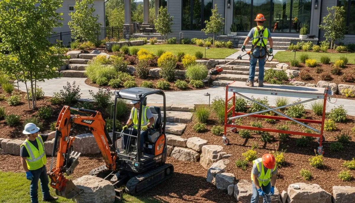 Columbia, MO tree service crew planning landscape design for a commercial property