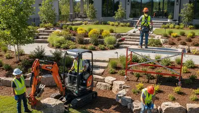 Columbia, MO tree service crew planning landscape design for a commercial property