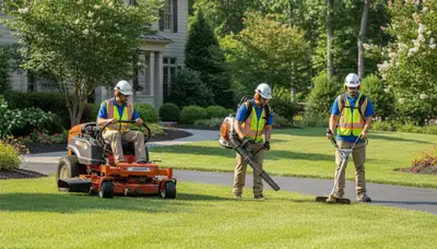 Professional tree service crew in Columbia, MO trimming trees for a residential property
