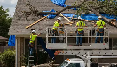 Storm damage cleanup crew clearing fallen tree debris in Columbia, MO