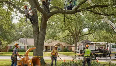 Tree removal crew in Columbia, MO safely removing a hazardous tree from a residential property