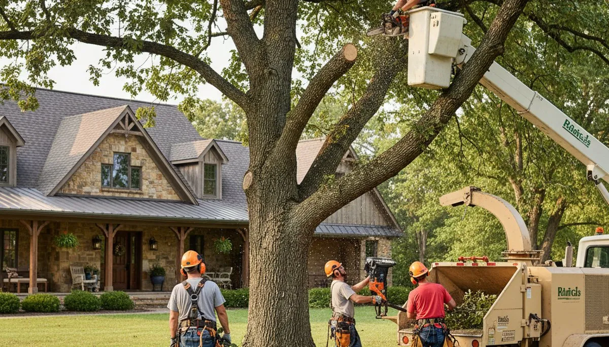 Tree service crew in Columbia, MO removing a hazardous tree for a local property owner