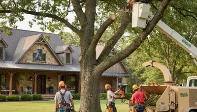 Tree service crew in Columbia, MO removing a hazardous tree for a local property owner