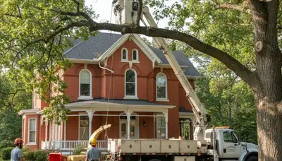 Tree service crew trimming and removing a tree in Columbia, MO for safe property clearance