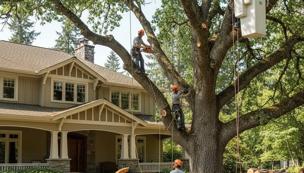 Tree service crew in Columbia, MO performing safe tree removal for a local property