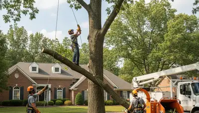 Tree service crew removing a tree in Columbia, MO for safe residential property clearance
