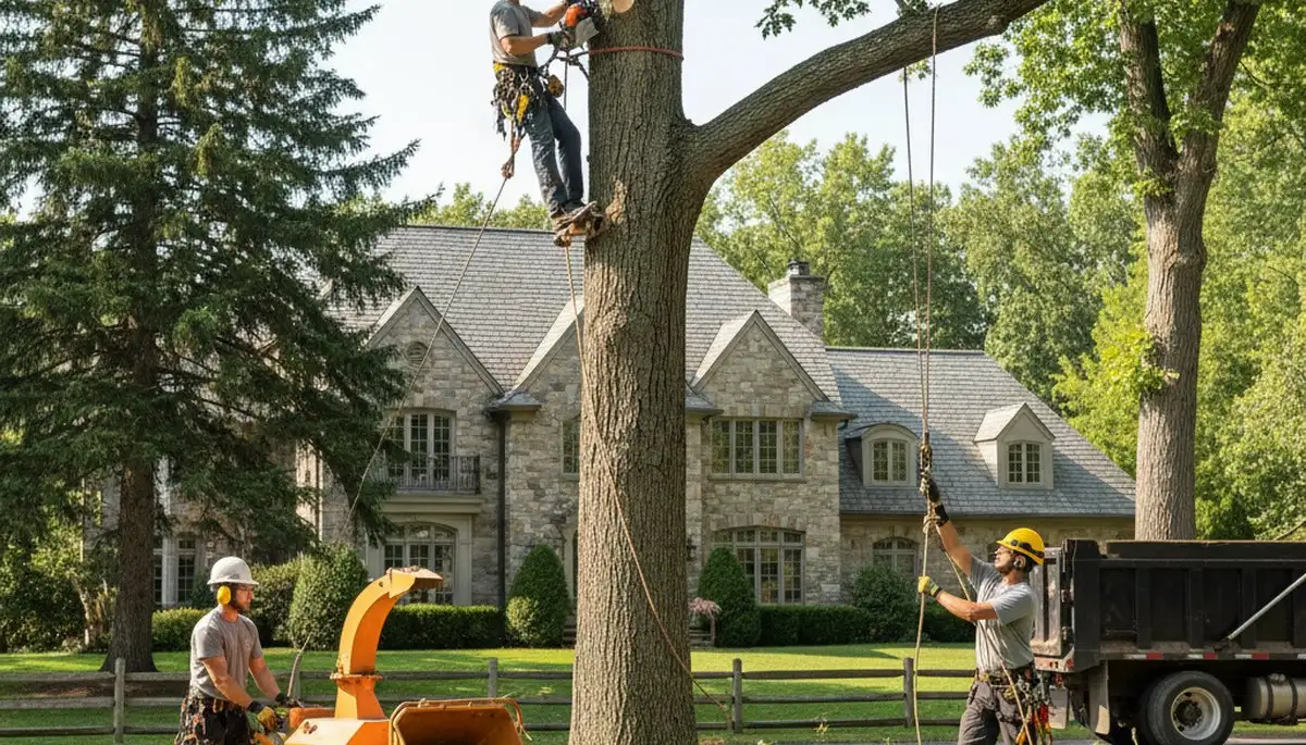 Tree service crew removing a large tree in Columbia, MO for safe property clearance