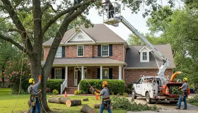 Tree service crew removing a tree in Columbia, MO for safe residential property clearance