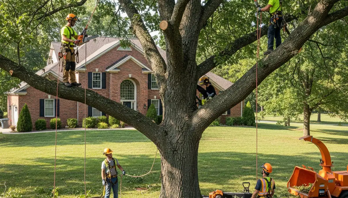 Tree service crew removing a tree in Columbia, MO for safe residential property clearance