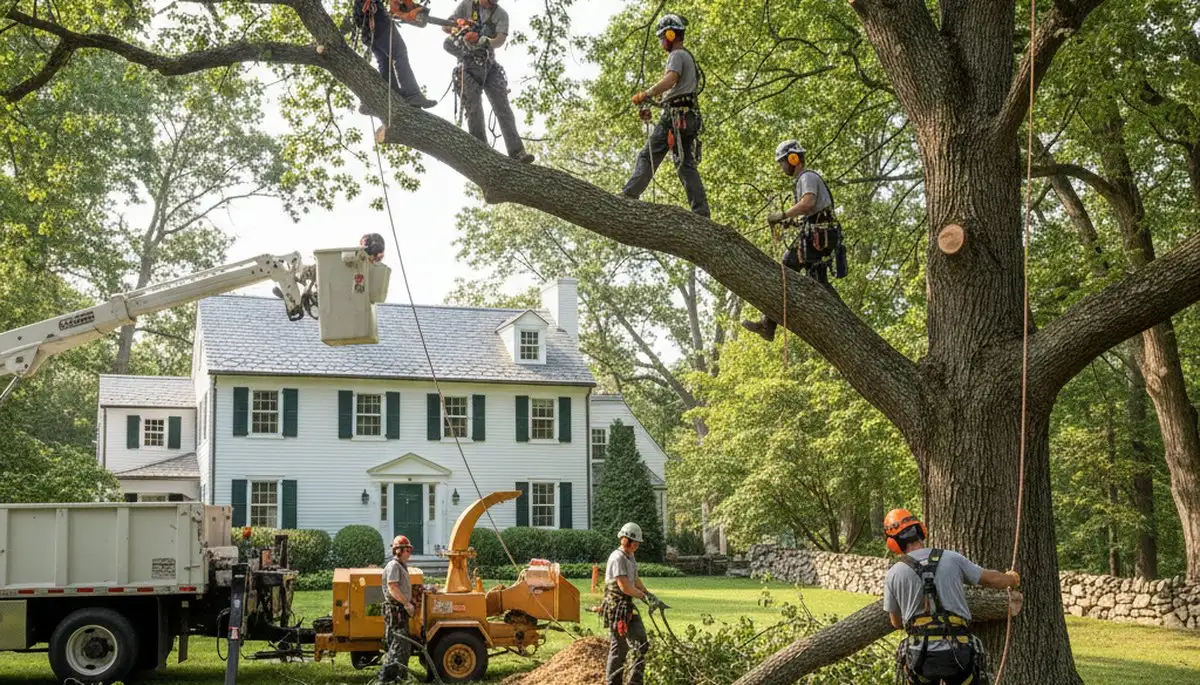 Professional tree service crew in Columbia, MO removing a tree on a residential property