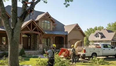 Tree service crew removing a large tree in Columbia, MO for safe residential property clearing