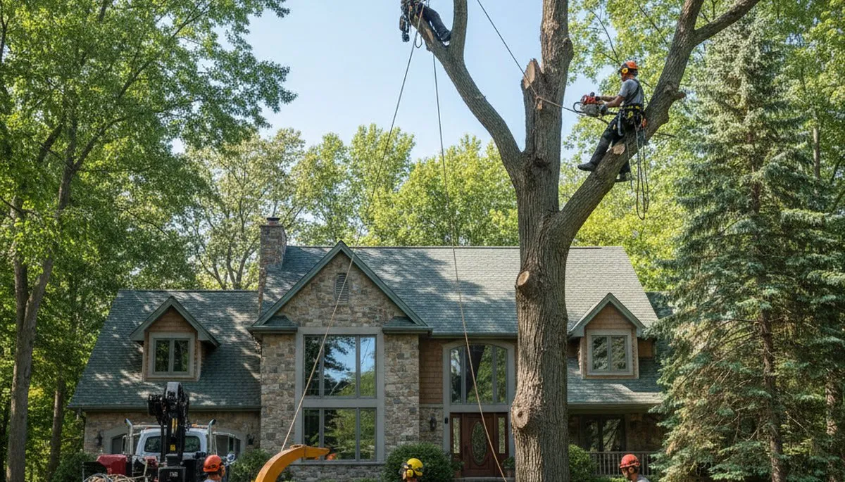 Tree service crew in Columbia, MO removing a hazardous tree for safe property protection