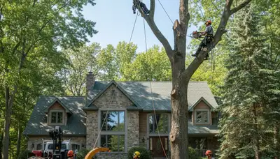 Tree service crew in Columbia, MO removing a hazardous tree for safe property protection